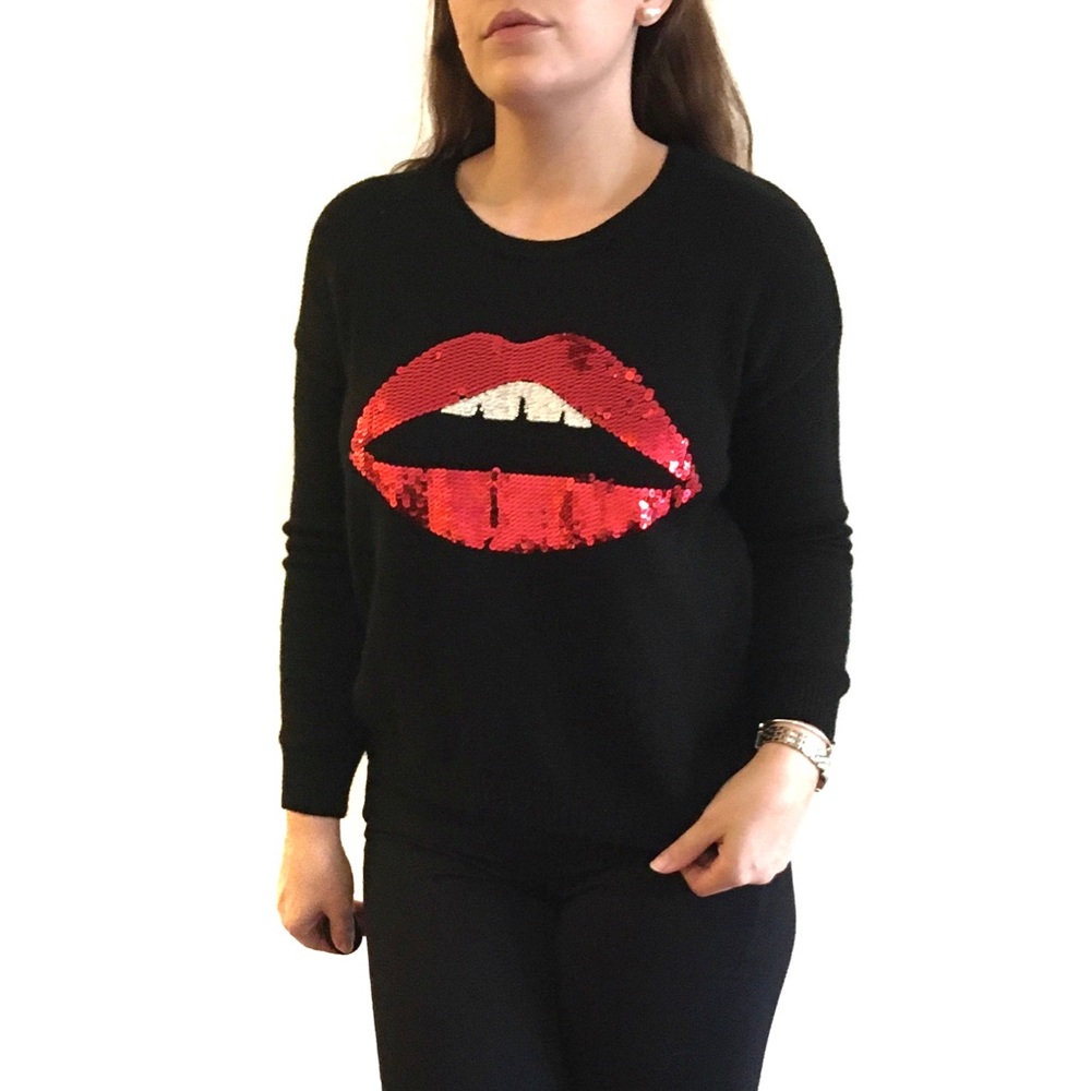 MOMA Sequin Lips Embellished Dolman Crew Sweater